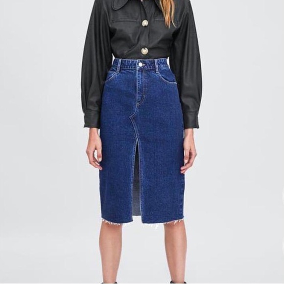 Zara Dresses & Skirts - ZARA DENIM MIDI SKIRT WITH FRINT SLIT